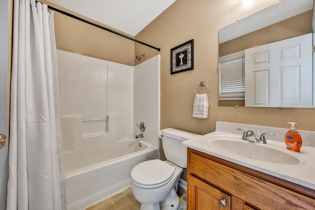 full bathroom with shower / tub combo with curtain, tile flooring, toilet, and vanity