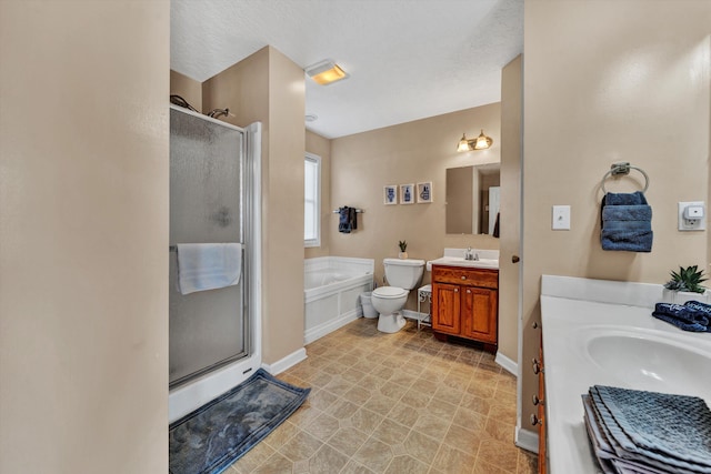 full bathroom featuring plus walk in shower, tile floors, double vanity, and toilet