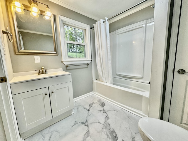 full bathroom featuring ornamental molding, vanity, toilet, and shower / bath combination with curtain