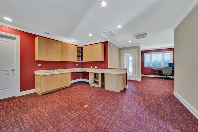 kitchen with crown molding and light brown cabinetry