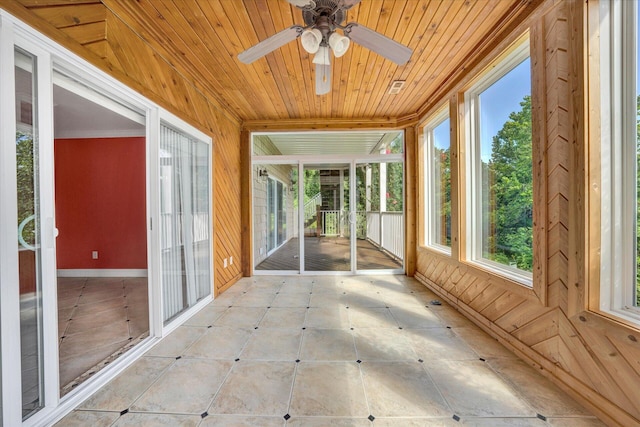 unfurnished sunroom featuring wooden ceiling and ceiling fan