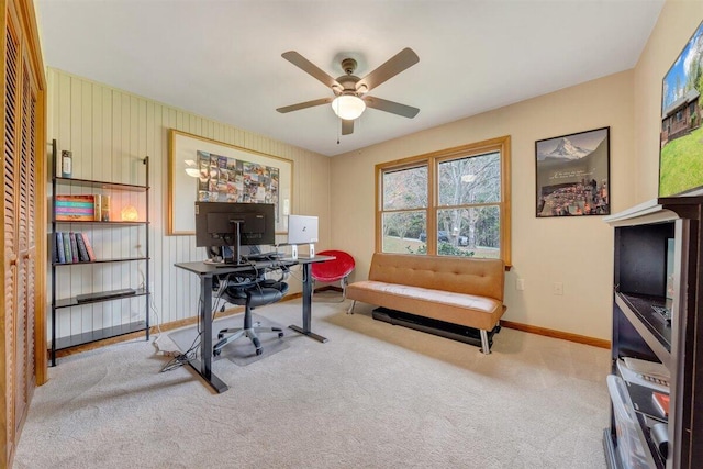 home office with light colored carpet and ceiling fan