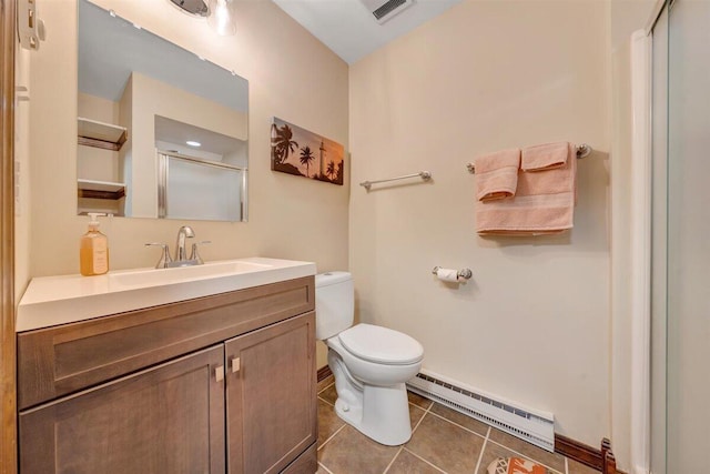 bathroom with vanity, tile patterned floors, toilet, a baseboard radiator, and a shower with shower door