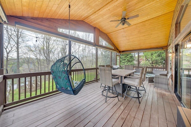 sunroom with wooden ceiling, ceiling fan, and lofted ceiling