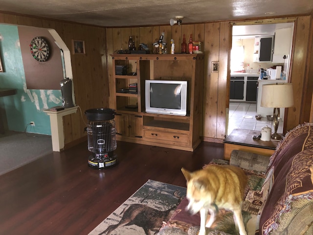 living room with wooden walls and dark wood-type flooring