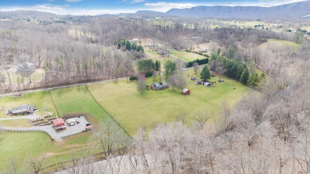 birds eye view of property featuring a mountain view and a rural view