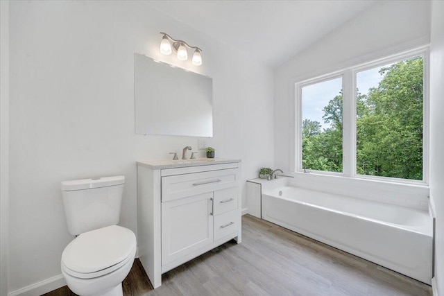 bathroom featuring vaulted ceiling, hardwood / wood-style floors, vanity, and toilet