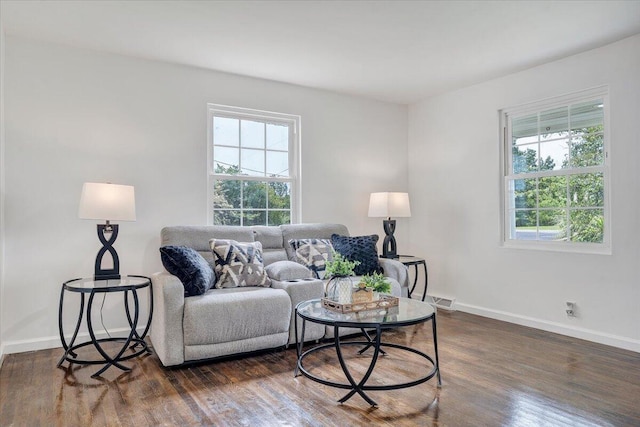 living room with dark hardwood / wood-style flooring