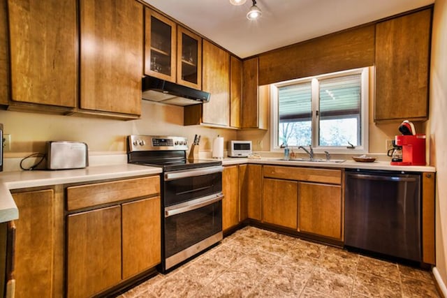 kitchen with sink, dishwasher, light tile flooring, and stainless steel electric range