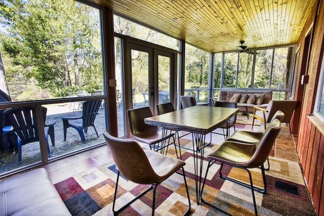 sunroom / solarium featuring ceiling fan, french doors, and wood ceiling