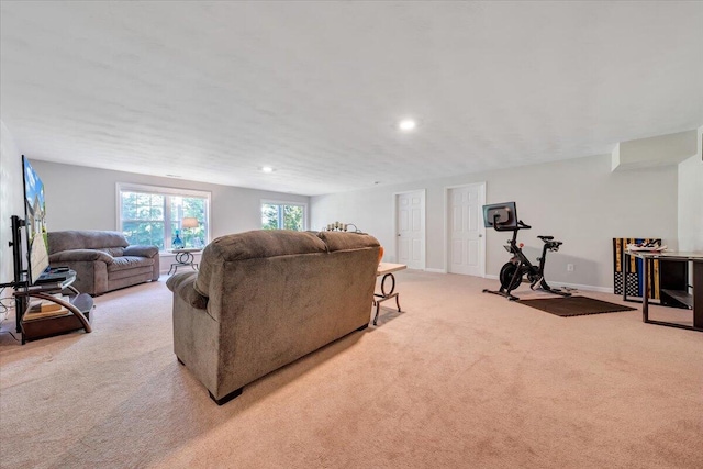 living room featuring light carpet