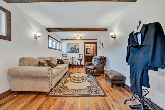 living room featuring hardwood / wood-style flooring and beam ceiling