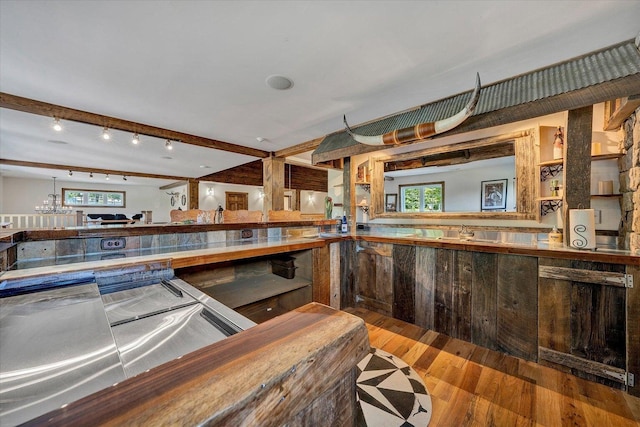 kitchen with track lighting, sink, dishwasher, and light wood-type flooring