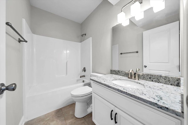 bathroom with tile patterned flooring, toilet, vanity, and shower / tub combination