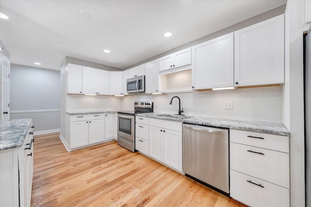 kitchen featuring stainless steel appliances, white cabinetry, a sink, and light wood finished floors