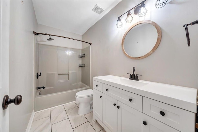 bathroom featuring shower / bath combination, visible vents, vanity, and toilet