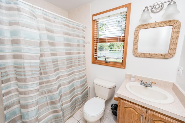 311 Anthony Home Rd, Huddleston, VA 24104 - bathroom with toilet, tile patterned floors, vanity, and a shower with shower curtain