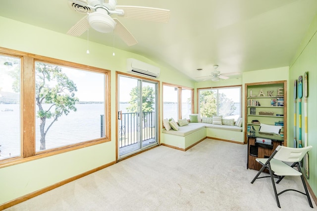 311 Anthony Home Rd, Huddleston, VA 24104 - unfurnished sunroom featuring a water view, carpet floors, baseboards, and a wall unit AC