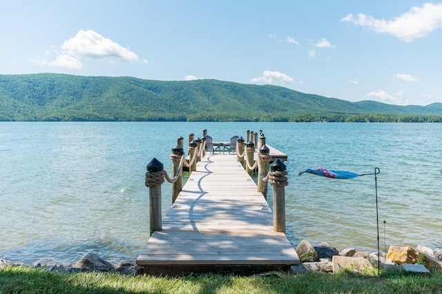 view of dock featuring a water and mountain view