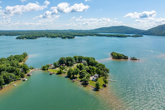 drone / aerial view with a water and mountain view