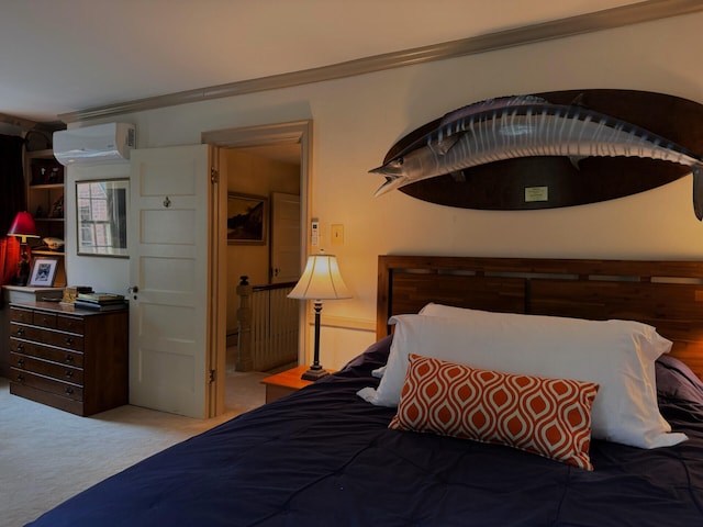 bedroom featuring a wall unit AC, light carpet, and ornamental molding