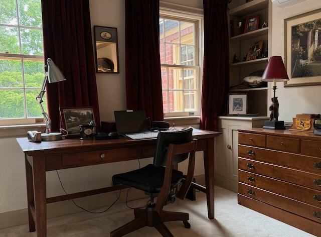 view of carpeted home office