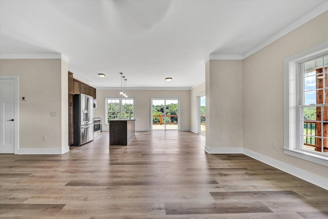 unfurnished living room featuring light hardwood / wood-style floors and ornamental molding