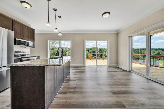 kitchen with sink, an island with sink, dark brown cabinets, and appliances with stainless steel finishes