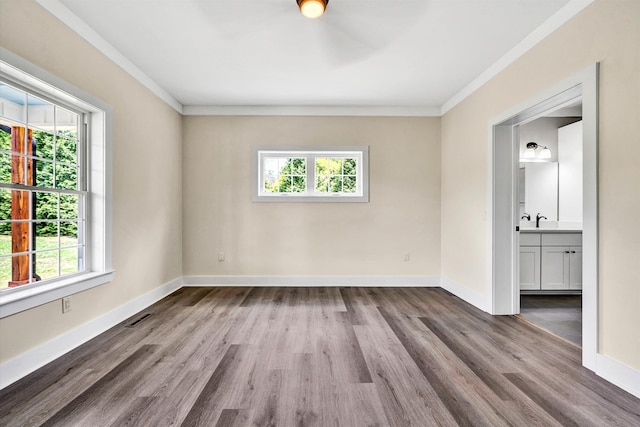 empty room with a healthy amount of sunlight, ornamental molding, and light hardwood / wood-style flooring