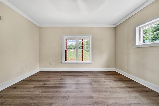 unfurnished room with wood-type flooring and ornamental molding