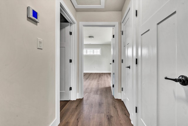 hallway with dark hardwood / wood-style flooring