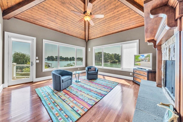 sitting room with lofted ceiling with beams, ceiling fan, wood ceiling, and light hardwood / wood-style flooring