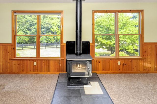 interior details with carpet floors, a wood stove, a wainscoted wall, and wooden walls