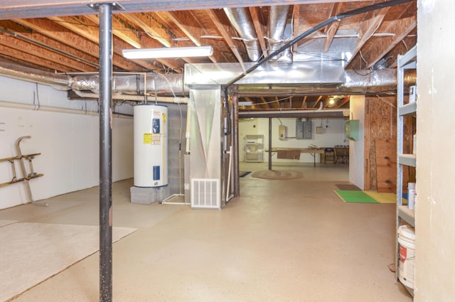 unfinished below grade area featuring electric panel, electric water heater, and visible vents