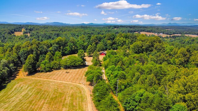 bird's eye view featuring a mountain view and a wooded view