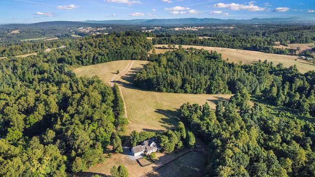 birds eye view of property featuring a mountain view and a view of trees