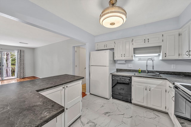 kitchen featuring white cabinetry, sink, black dishwasher, and white refrigerator