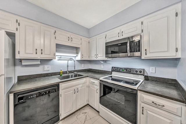 kitchen featuring sink, refrigerator, white cabinetry, black dishwasher, and range with electric stovetop