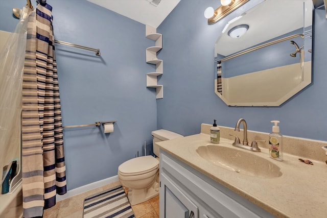 bathroom with vanity, curtained shower, tile patterned floors, and toilet