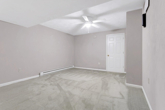 carpeted spare room featuring ceiling fan and baseboard heating