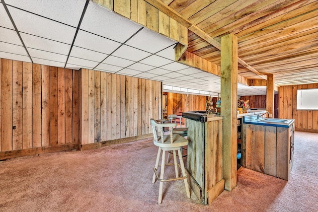 kitchen with a paneled ceiling, wooden walls, and carpet flooring