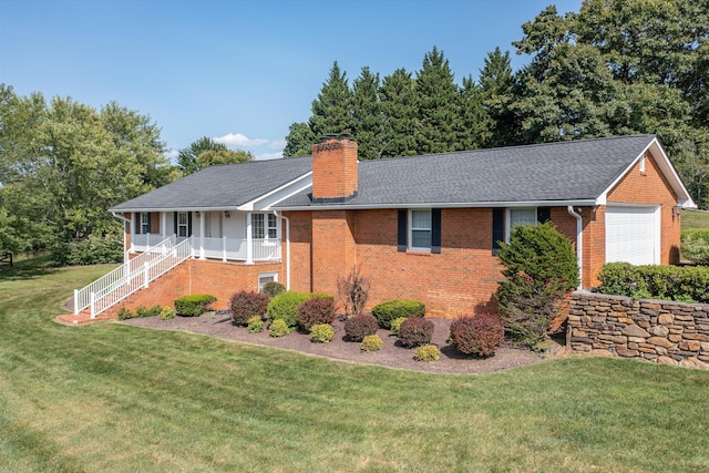 single story home featuring a shingled roof, a chimney, covered porch, a front yard, and brick siding