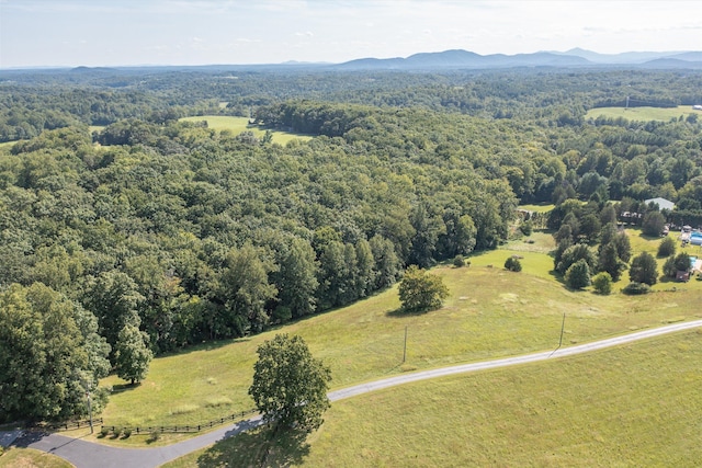 birds eye view of property with a forest view and a mountain view