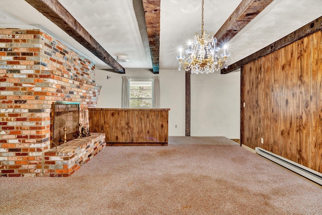 unfurnished living room with beamed ceiling, a baseboard radiator, light carpet, and a brick fireplace