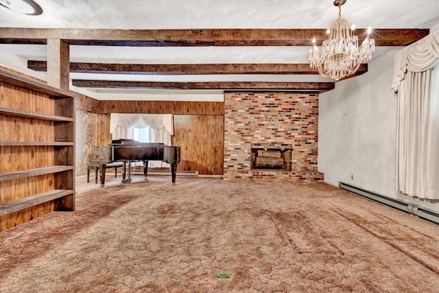 unfurnished living room featuring an inviting chandelier, carpet floors, a baseboard radiator, beamed ceiling, and wood walls