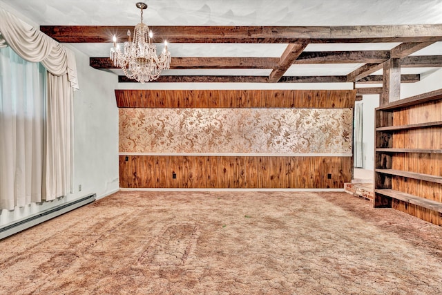 empty room with beamed ceiling, carpet, a chandelier, and baseboard heating