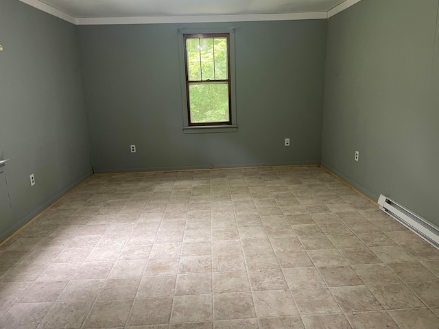 tiled empty room with a baseboard radiator and ornamental molding