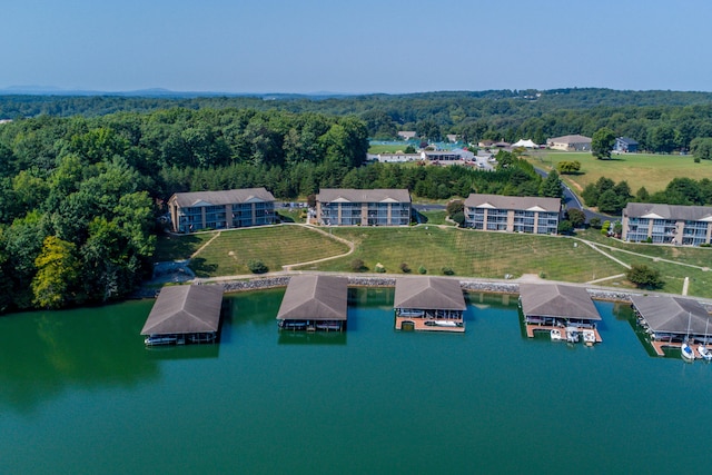 bird's eye view with a water view