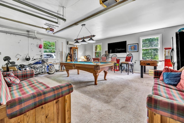 playroom featuring pool table, a wealth of natural light, and light carpet