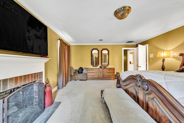 carpeted bedroom featuring a brick fireplace and ornamental molding